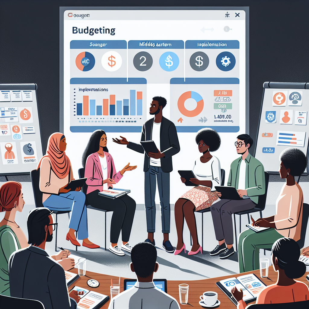 Small group financial coaching session in Ghana with facilitator presenting budgeting dashboard while participants take notes and discuss implementation pathways collaboratively.