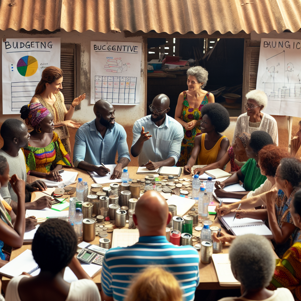 Facilitator leading collaborative budgeting workshop in Ghana with participants sharing ideas around table covered with financial planning materials and diagrams.